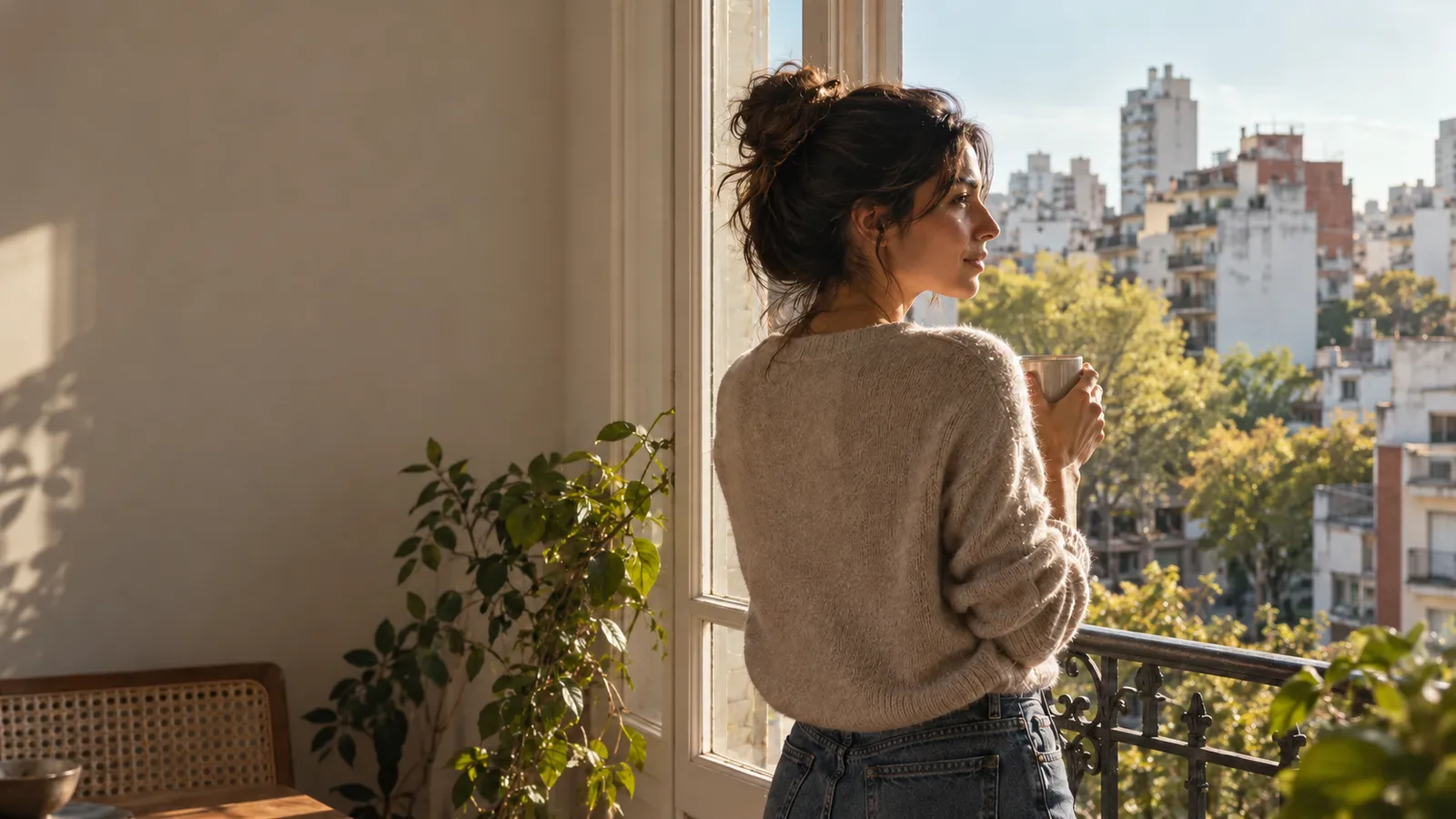 Una mujer junto a una ventana abierta a la ciudad, con una taza entre las manos.